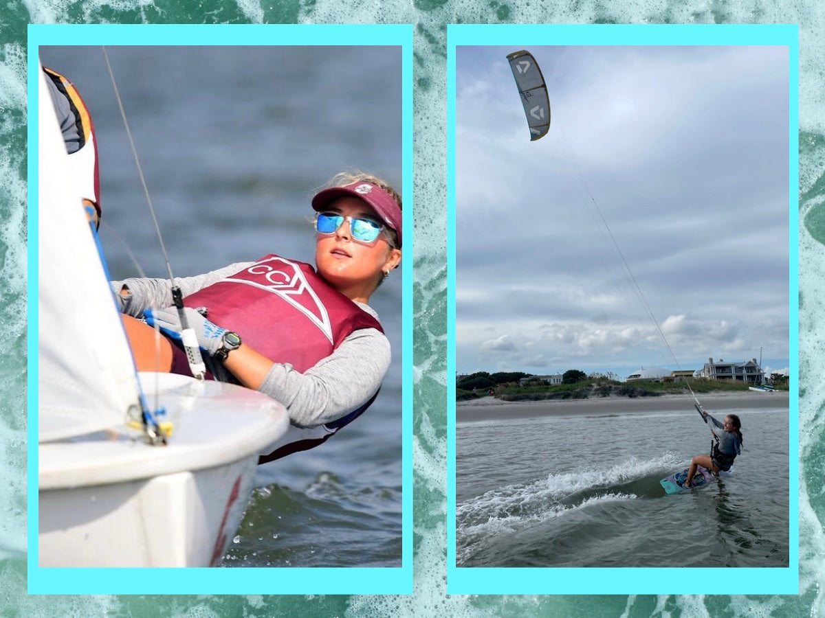 Girl crewing on a 420 sailboat and kiteboarding in Charleston, SC.