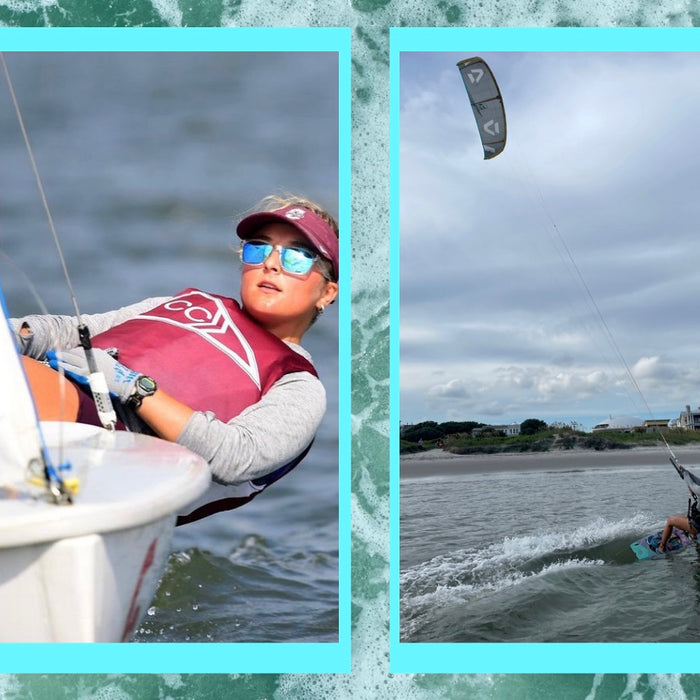 Girl crewing on a 420 sailboat and kiteboarding in Charleston, SC.