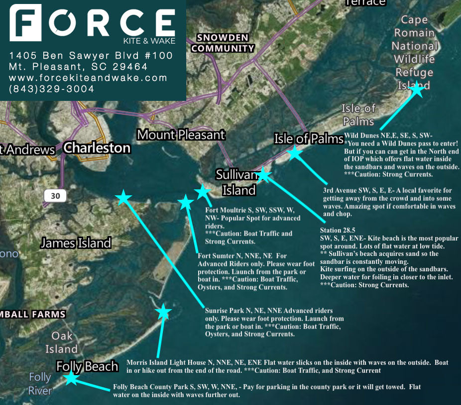 Map of the Charleston Kite and Wing Foil Spots